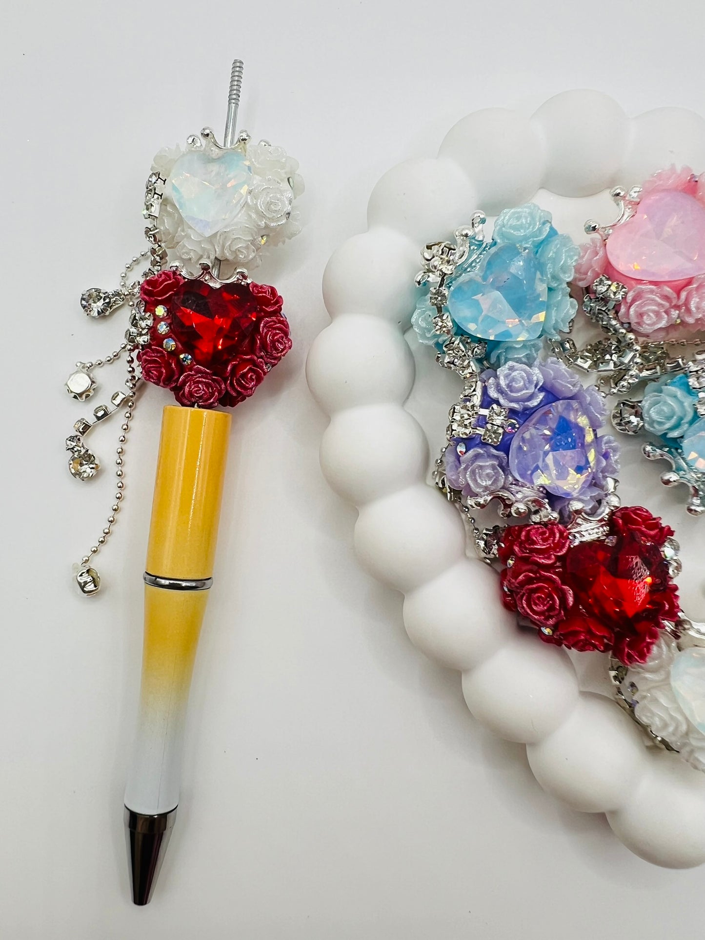 Fancy Clay Base Bead with Big Heart Rhinestone, Rose Flower, Metal Crown and Metal Dangle