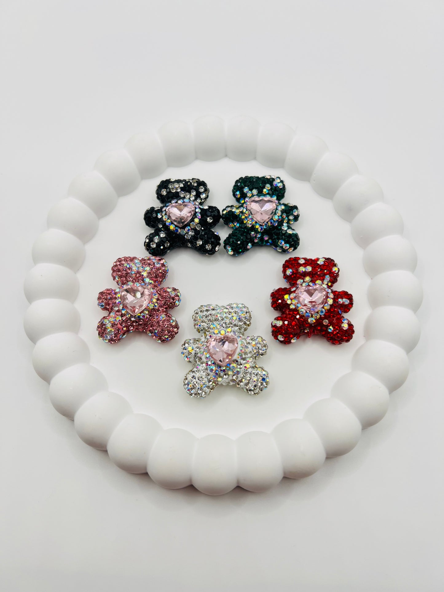 Bear Shape Clay Beads with Heart Gem and Rhinestones