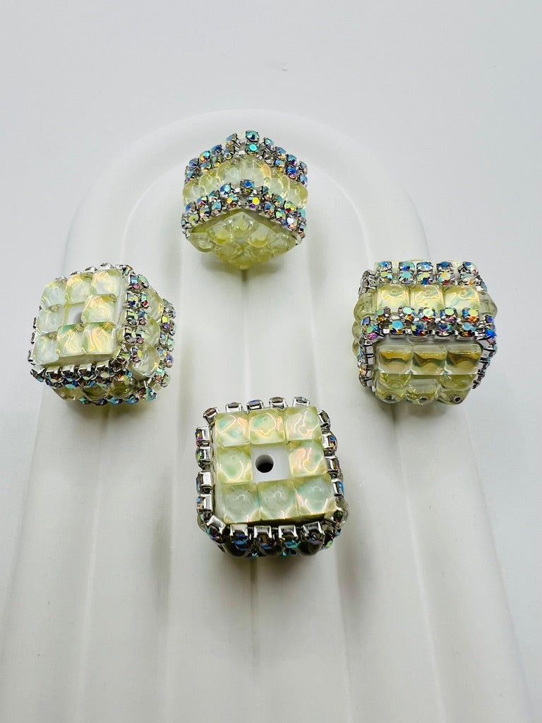 Cube Fancy Beads with Chrome Color Square Glass and Chain Rhinestones - Choose Color