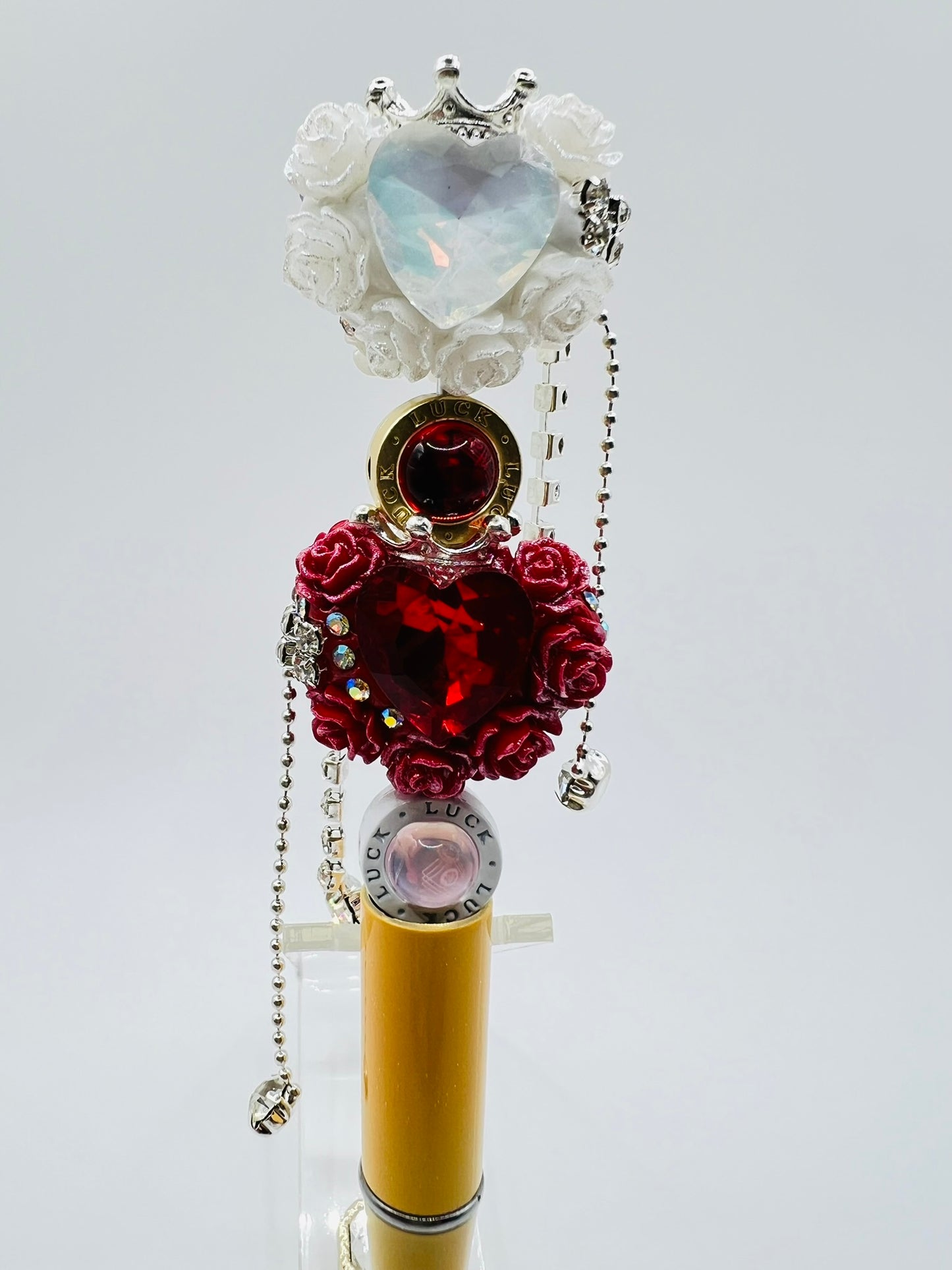Fancy Clay Base Bead with Big Heart Rhinestone, Rose Flower, Metal Crown and Metal Dangle
