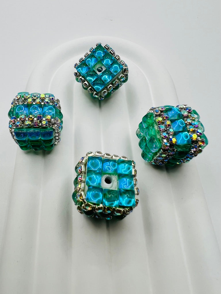 Cube Fancy Beads with Chrome Color Square Glass and Chain Rhinestones - Choose Color