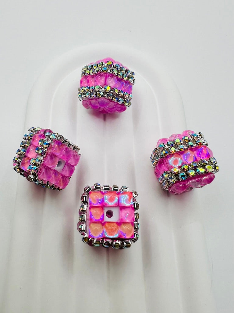 Cube Fancy Beads with Chrome Color Square Glass and Chain Rhinestones - Choose Color