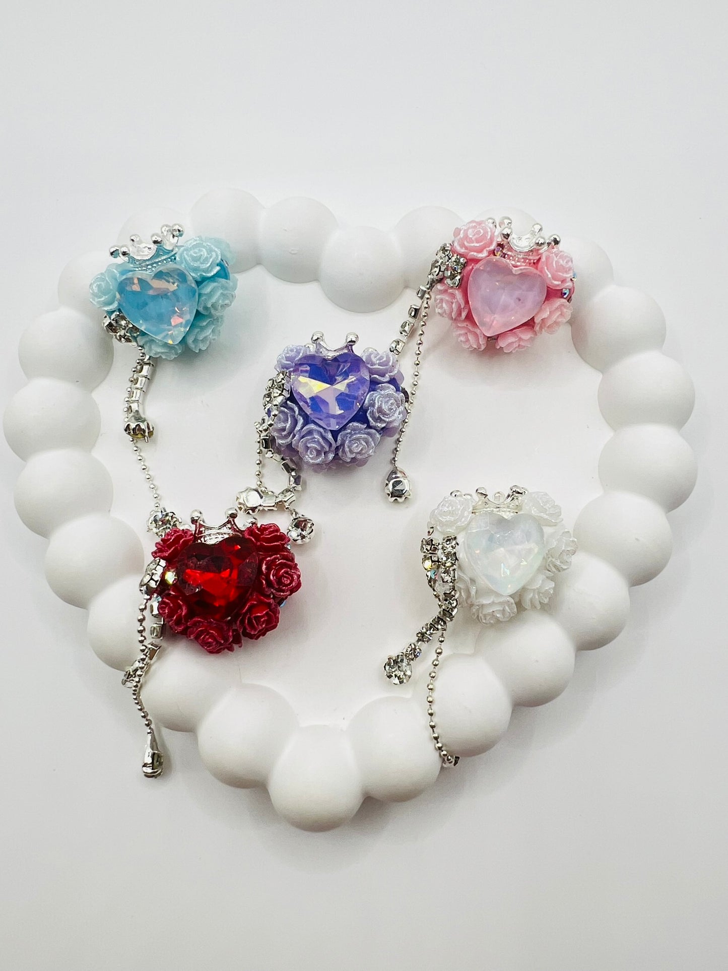 Fancy Clay Base Bead with Big Heart Rhinestone, Rose Flower, Metal Crown and Metal Dangle