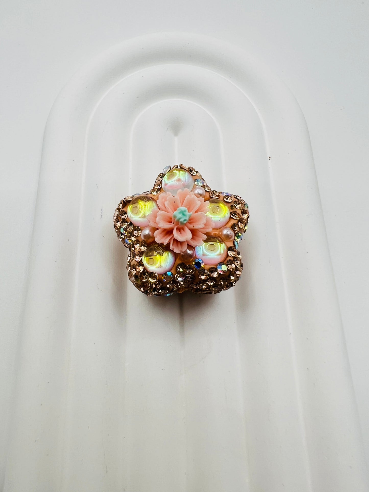 Flower Shape Clay Beads with Cat eye Gem and Rhinestones