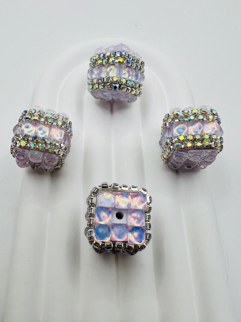 Cube Fancy Beads with Chrome Color Square Glass and Chain Rhinestones - Choose Color