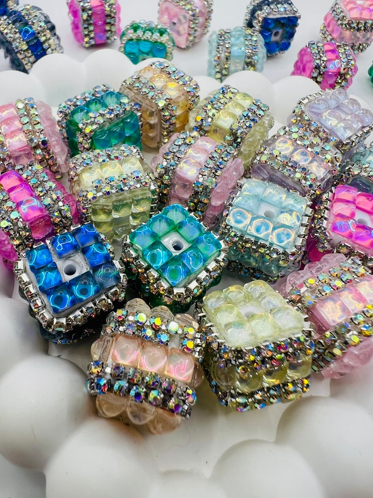 Cube Fancy Beads with Chrome Color Square Glass and Chain Rhinestones - Choose Color