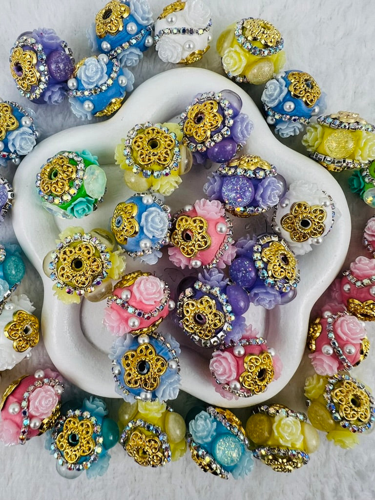 Fancy Beads Round shape with Flowers and Gold Hardware -16mm
