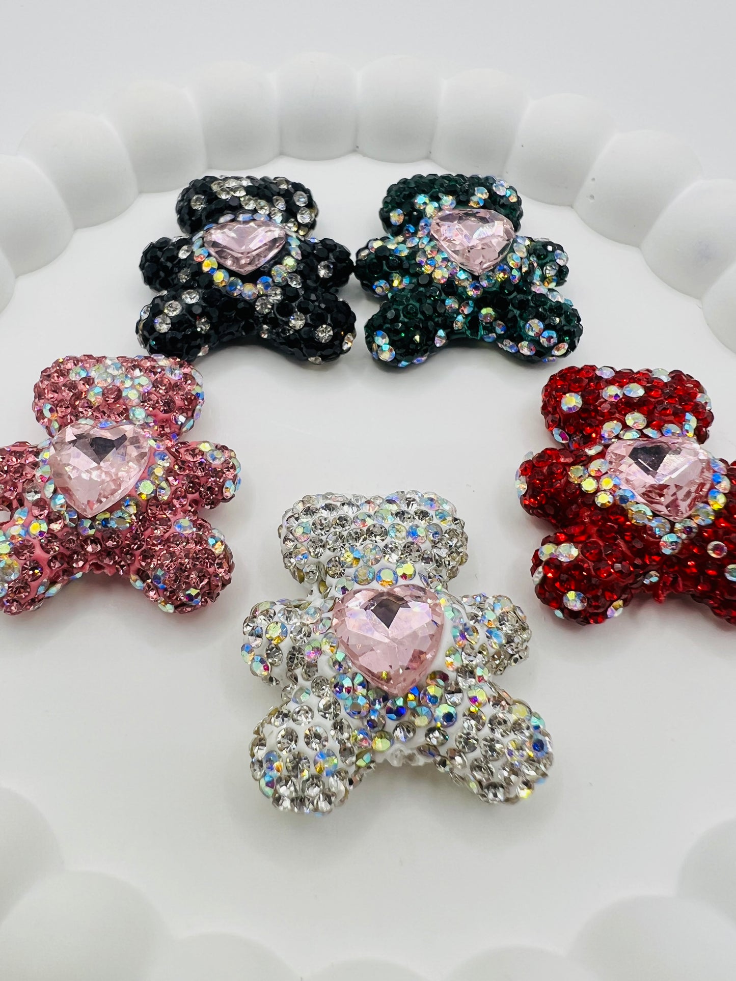 Bear Shape Clay Beads with Heart Gem and Rhinestones