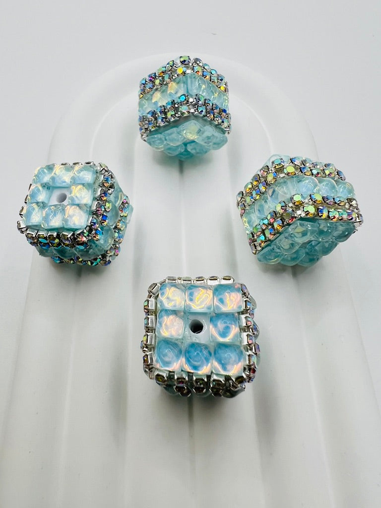 Cube Fancy Beads with Chrome Color Square Glass and Chain Rhinestones - Choose Color