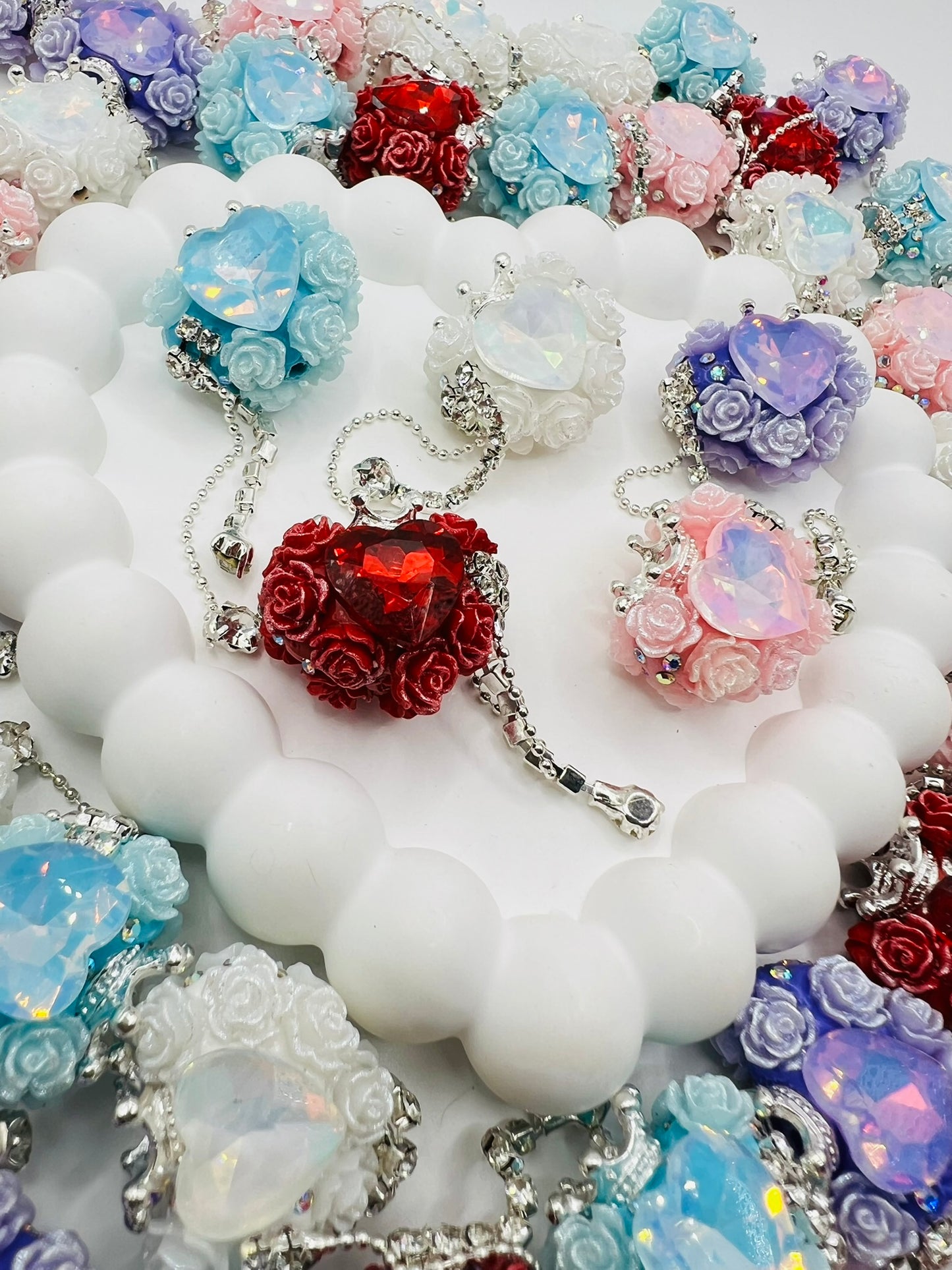 Fancy Clay Base Bead with Big Heart Rhinestone, Rose Flower, Metal Crown and Metal Dangle