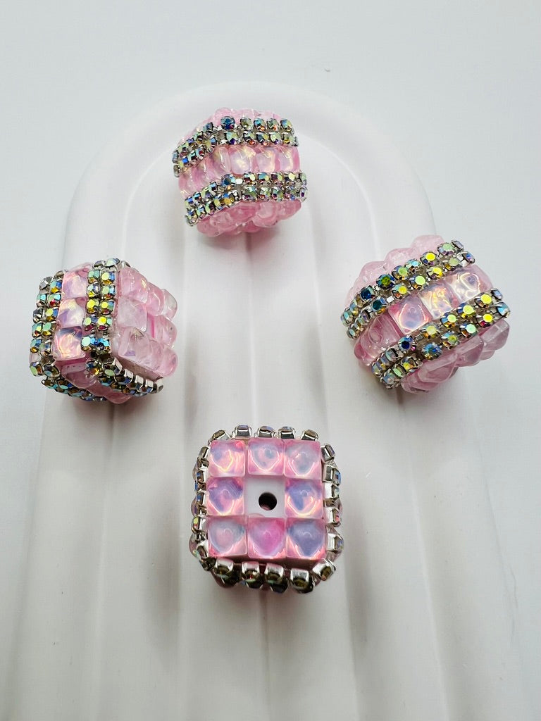 Cube Fancy Beads with Chrome Color Square Glass and Chain Rhinestones - Choose Color