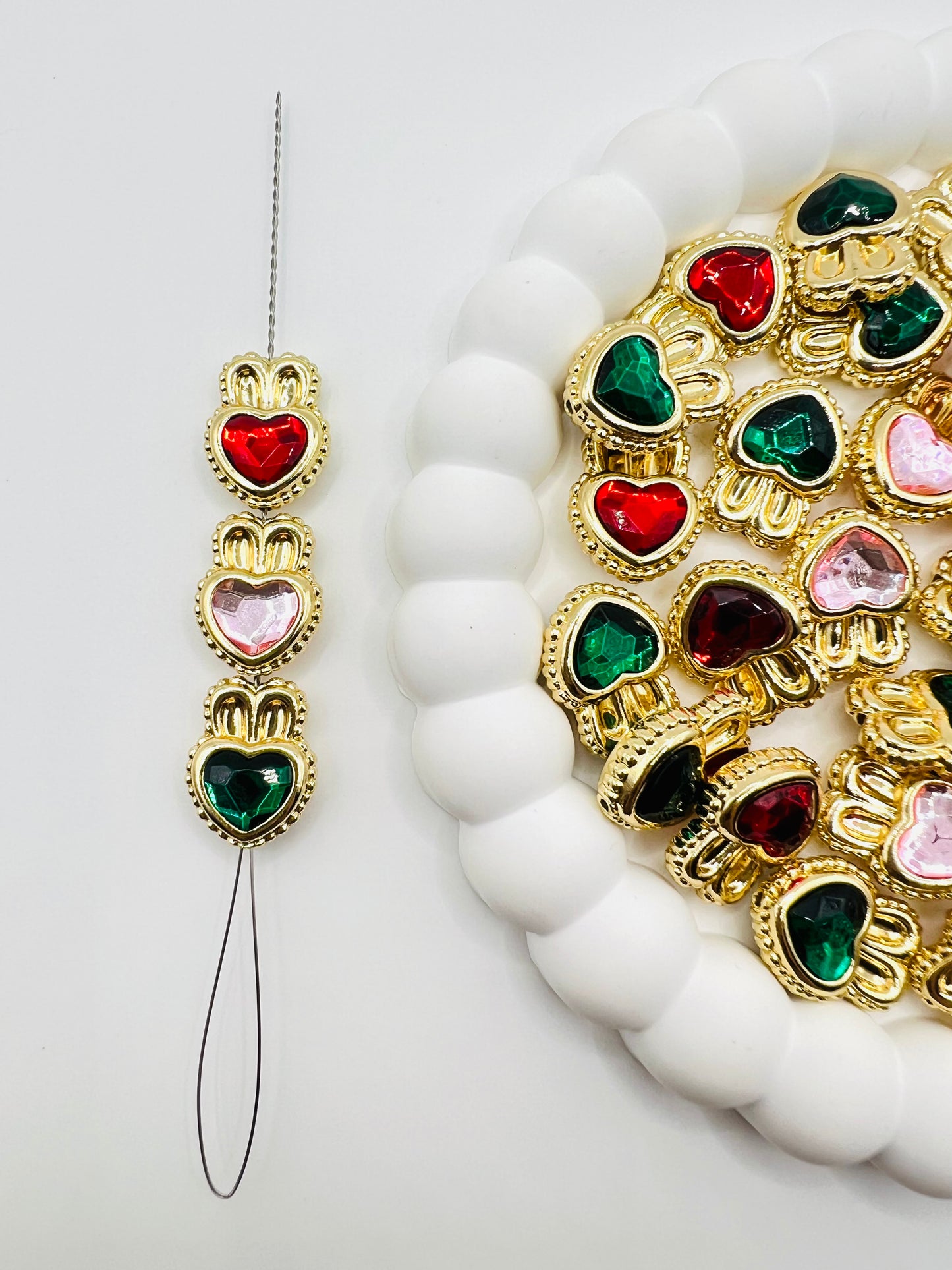 Heart Shape with Bunny Ears Shiny Gold Metal Bead with Rhinestone