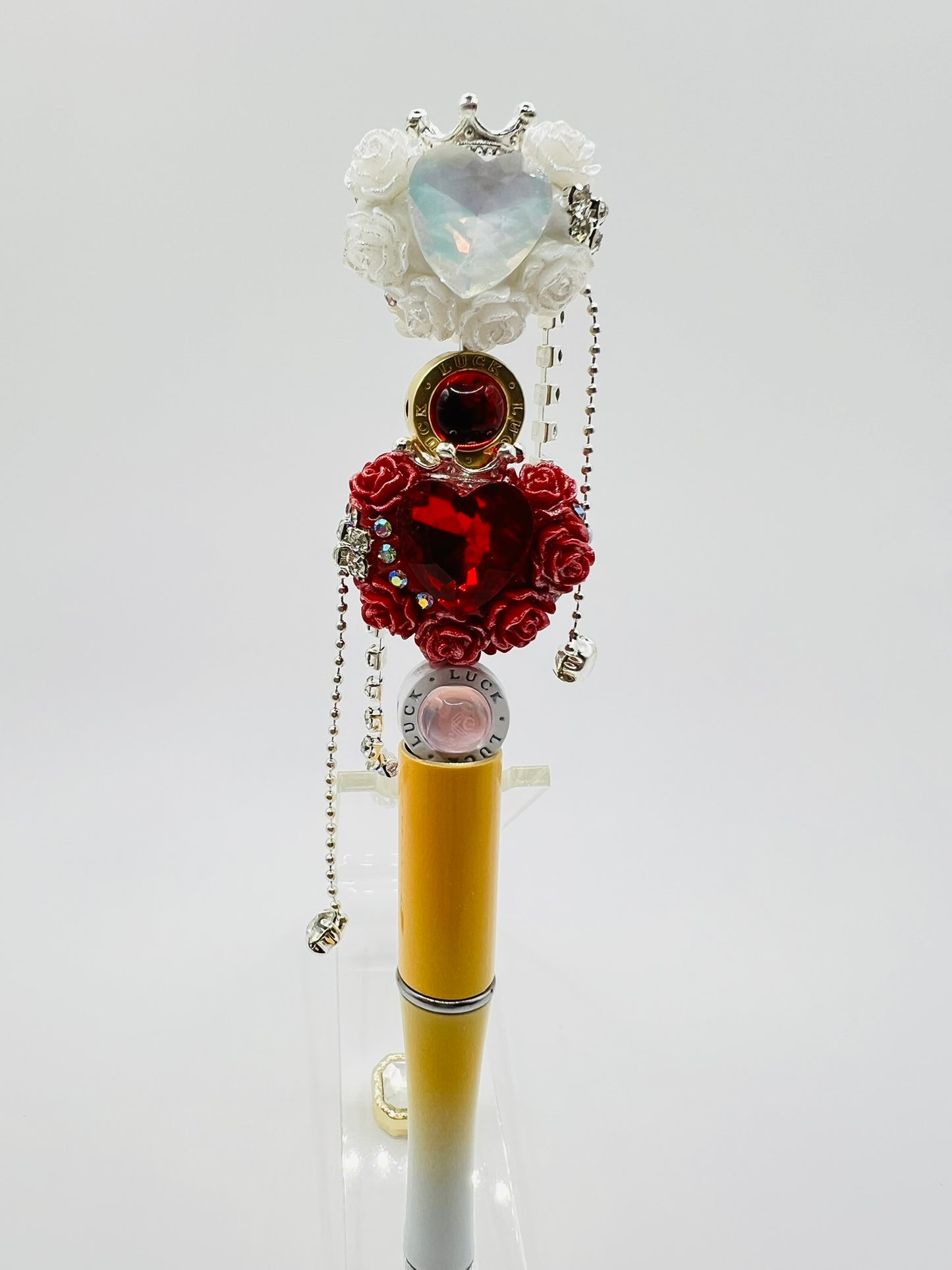 Fancy Clay Base Bead with Big Heart Rhinestone, Rose Flower, Metal Crown and Metal Dangle