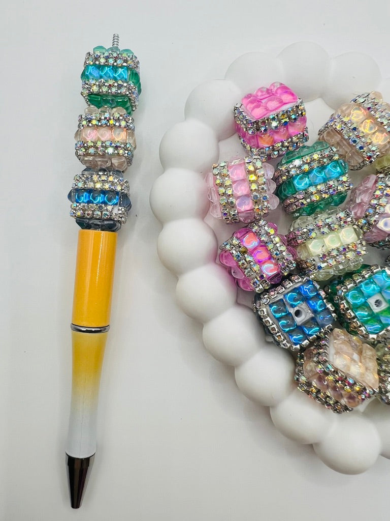 Cube Fancy Beads with Chrome Color Square Glass and Chain Rhinestones - Choose Color