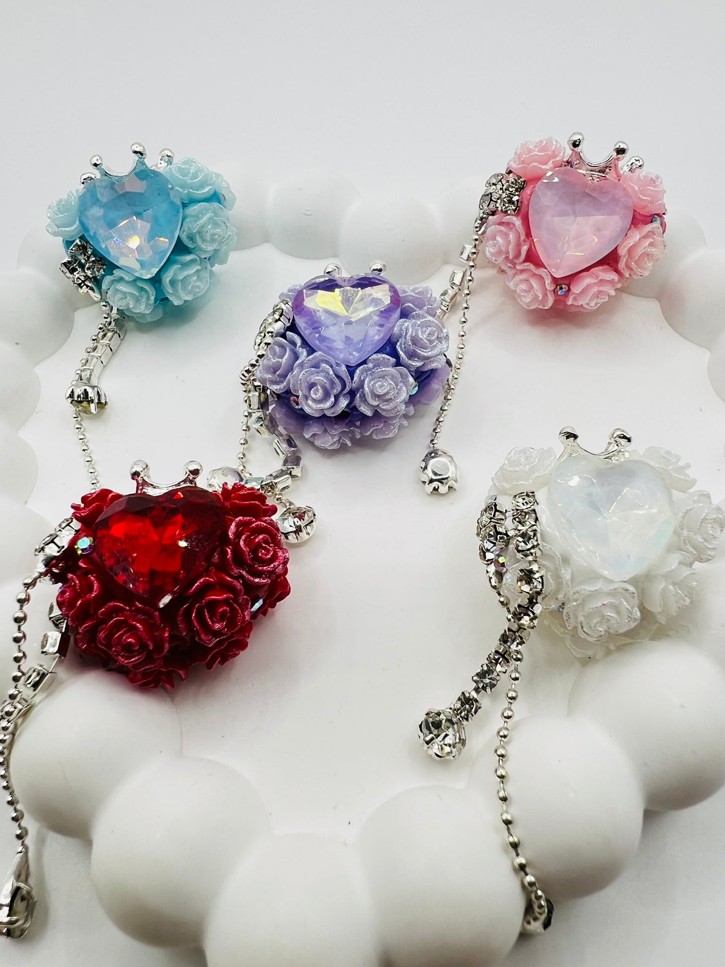 Fancy Clay Base Bead with Big Heart Rhinestone, Rose Flower, Metal Crown and Metal Dangle