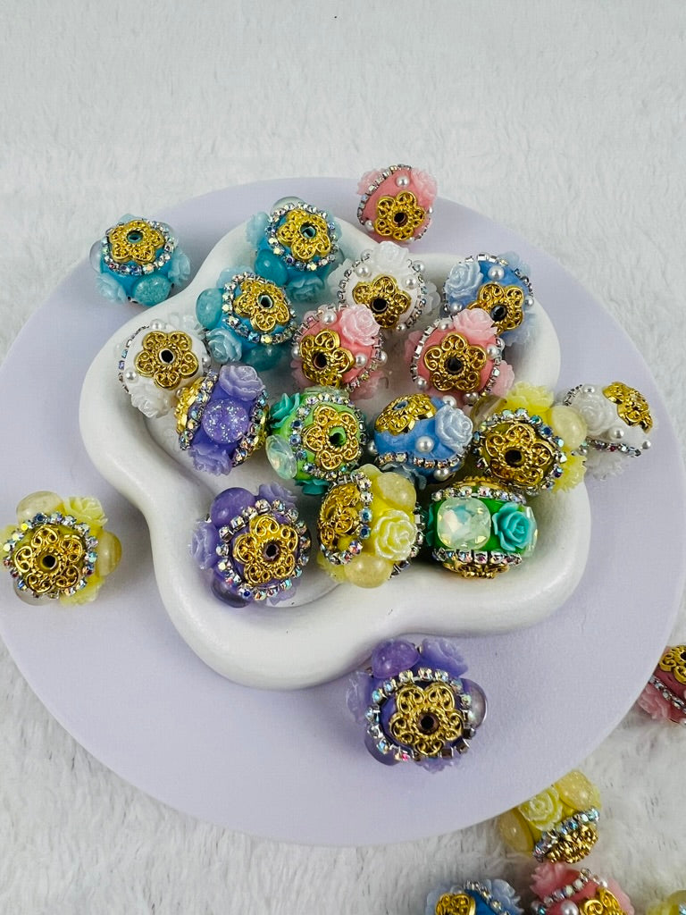 Fancy Beads Round shape with Flowers and Gold Hardware -16mm
