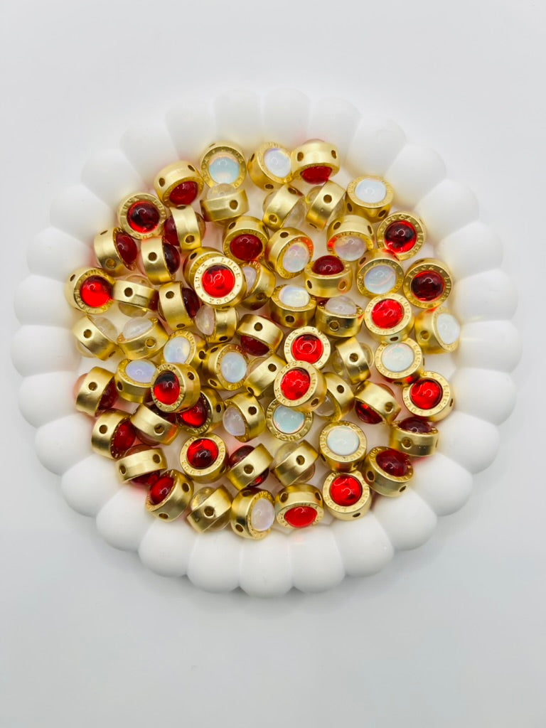 Matte Gold Round 4 Hole Metal Bead with Cat Eye Effect Stone