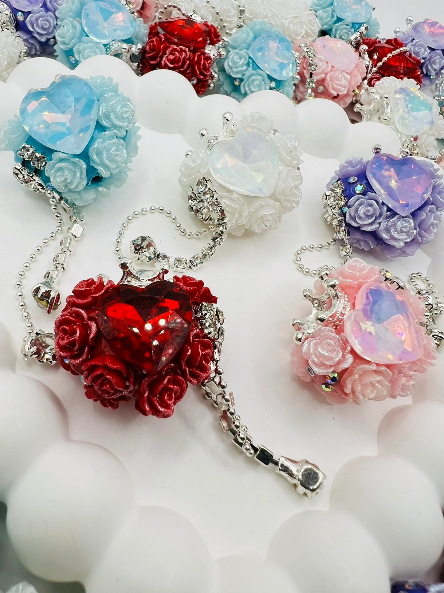 Fancy Clay Base Bead with Big Heart Rhinestone, Rose Flower, Metal Crown and Metal Dangle