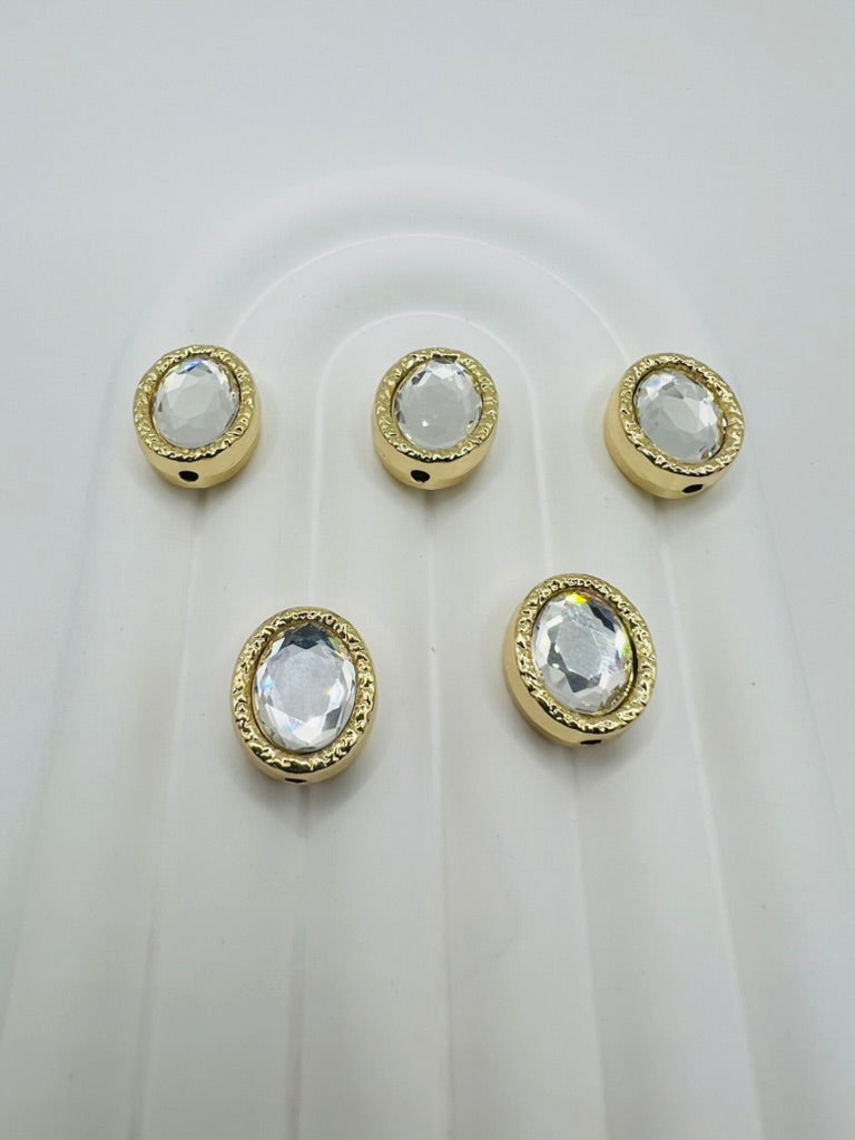 Oval Shape Shiny Gold Metal Bead with Rhinestone