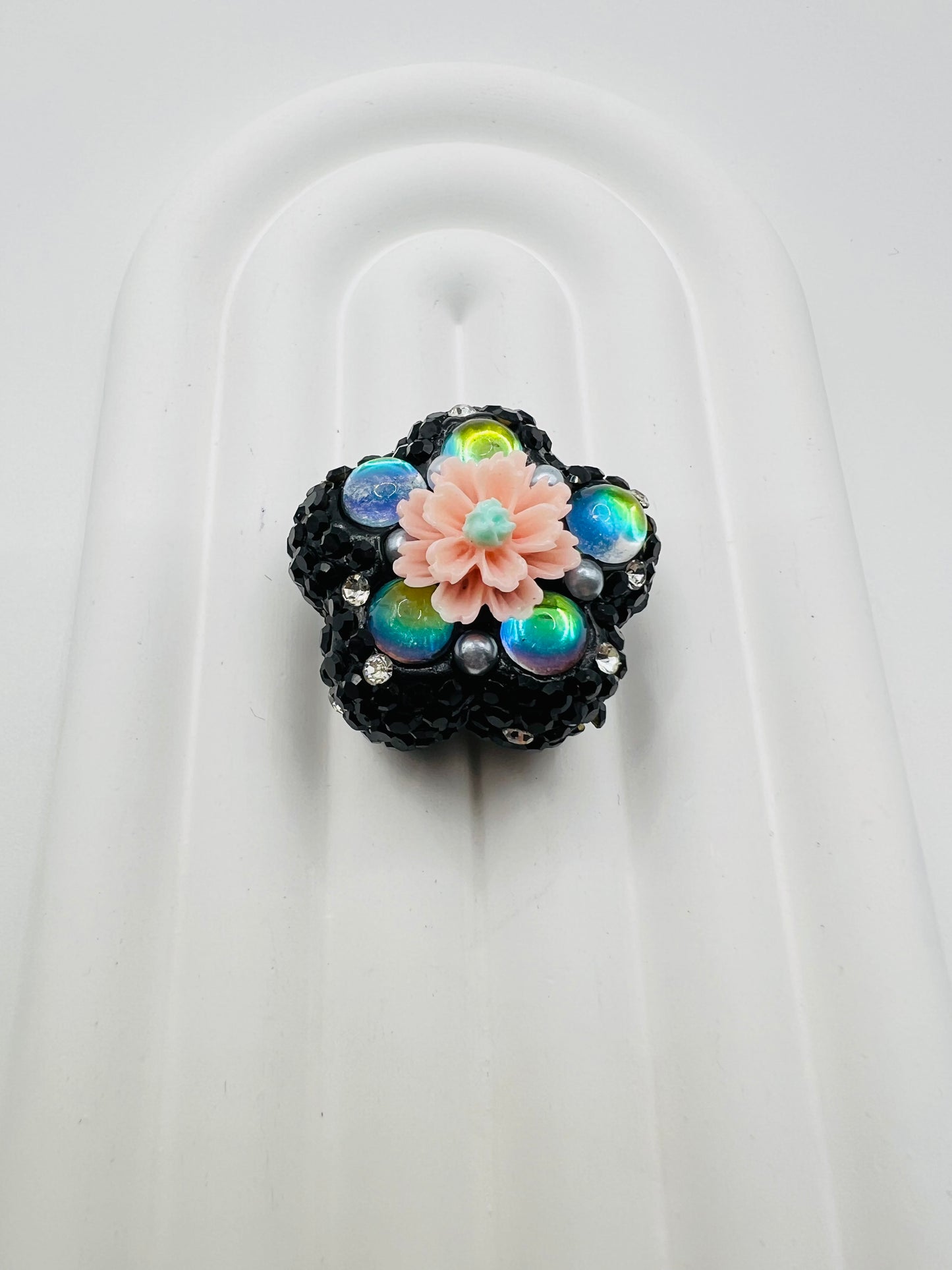 Flower Shape Clay Beads with Cat eye Gem and Rhinestones