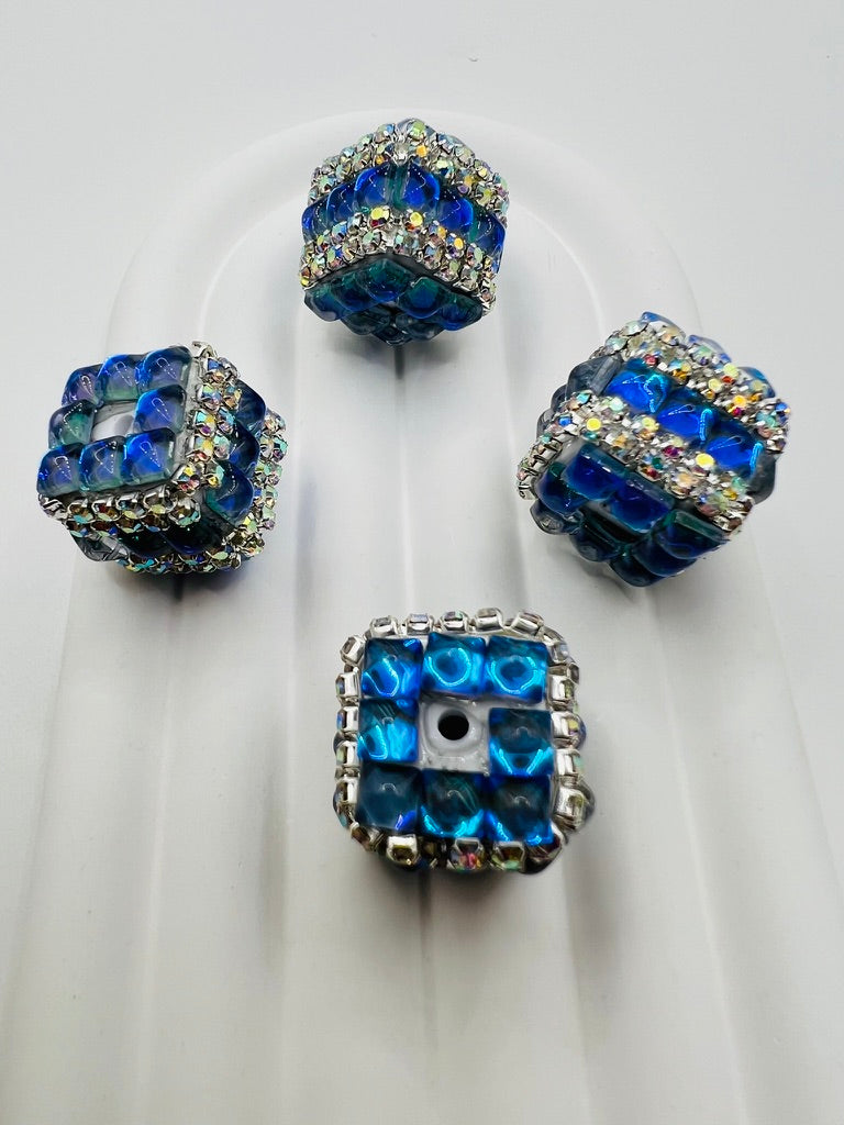 Cube Fancy Beads with Chrome Color Square Glass and Chain Rhinestones - Choose Color
