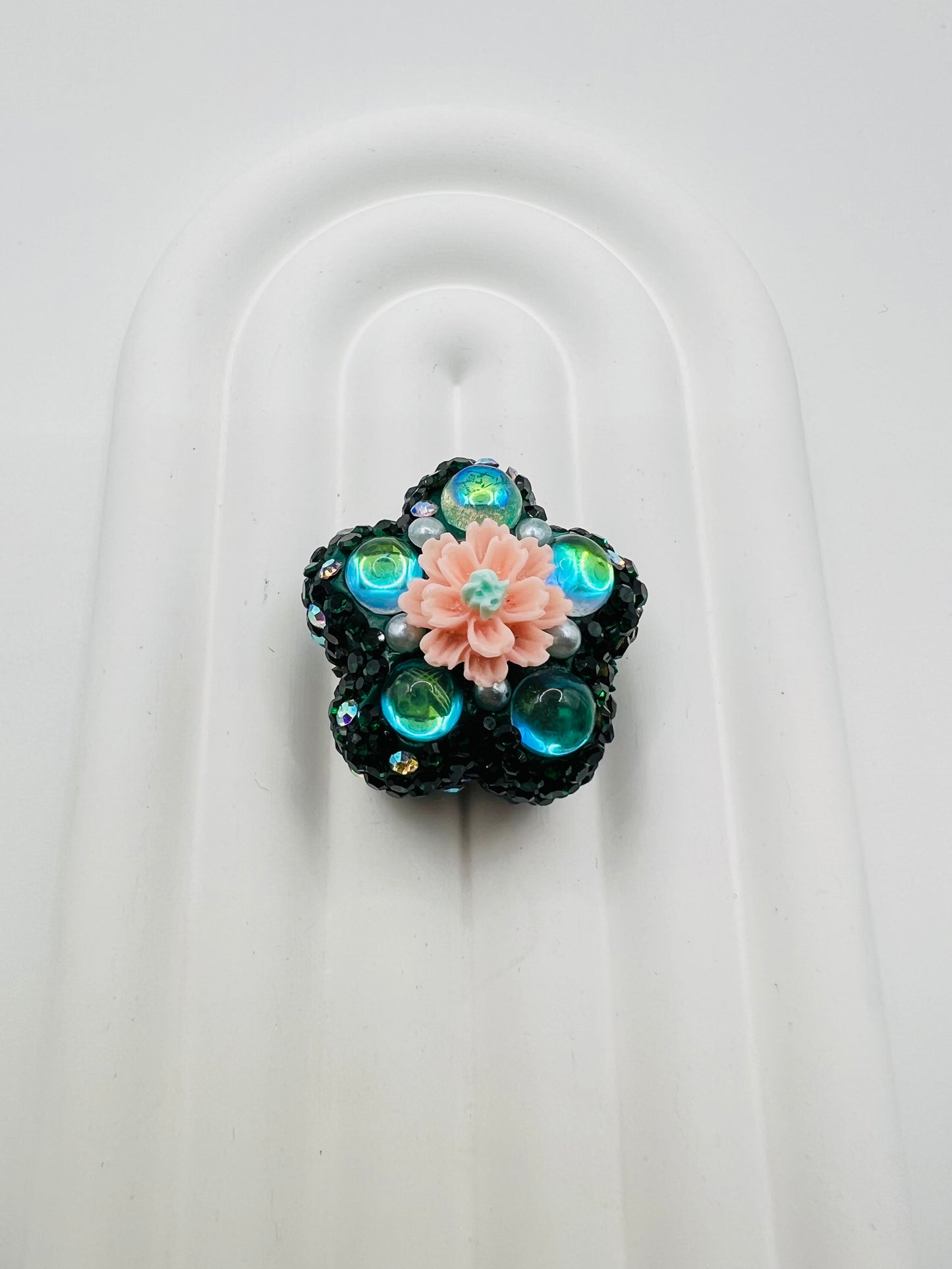 Flower Shape Clay Beads with Cat eye Gem and Rhinestones