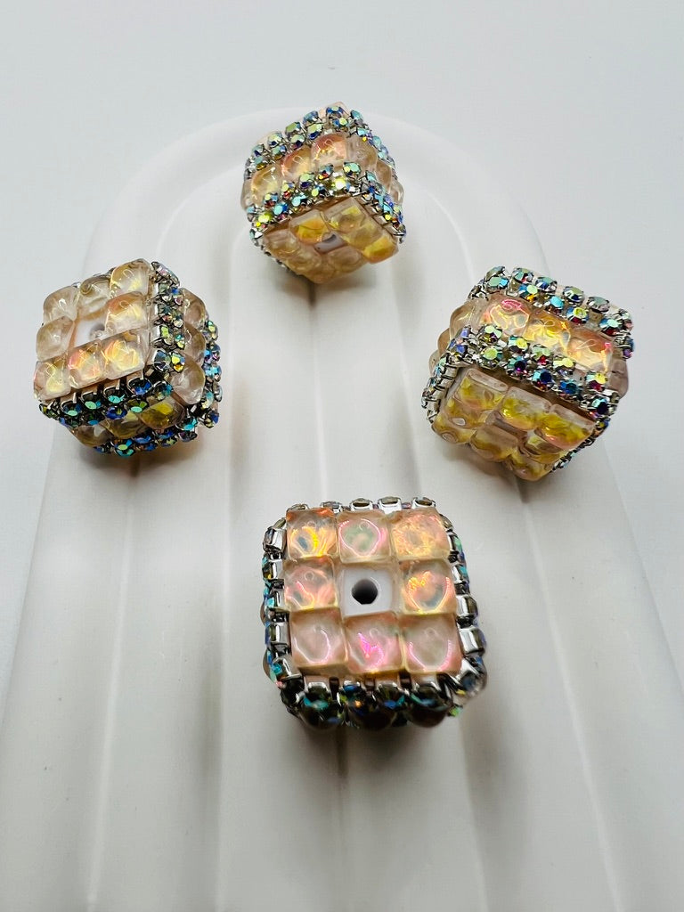 Cube Fancy Beads with Chrome Color Square Glass and Chain Rhinestones - Choose Color