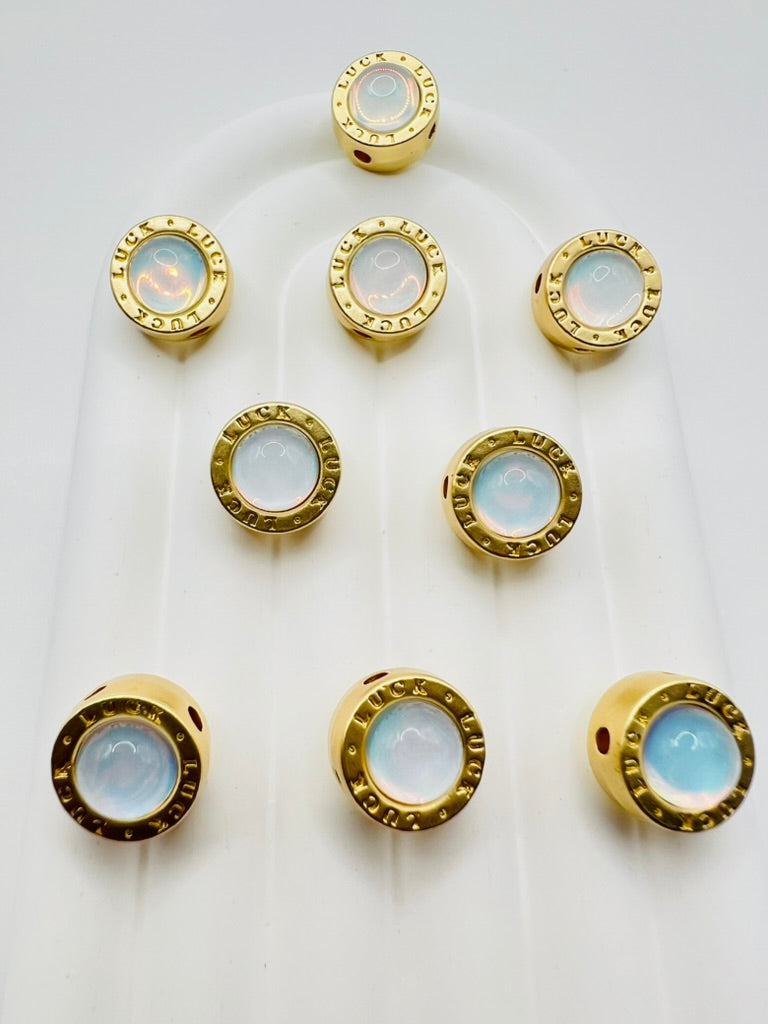 Matte Gold Round 4 Hole Metal Bead with Cat Eye Effect Stone