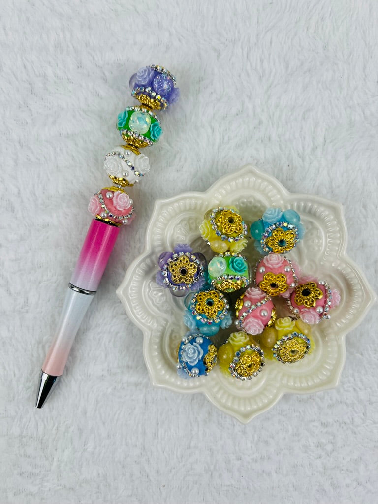 Fancy Beads Round shape with Flowers and Gold Hardware -16mm