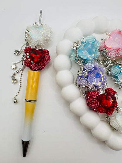 Fancy Clay Base Bead with Big Heart Rhinestone, Rose Flower, Metal Crown and Metal Dangle