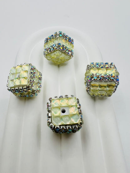 Cube Fancy Beads with Chrome Color Square Glass and Chain Rhinestones - Choose Color