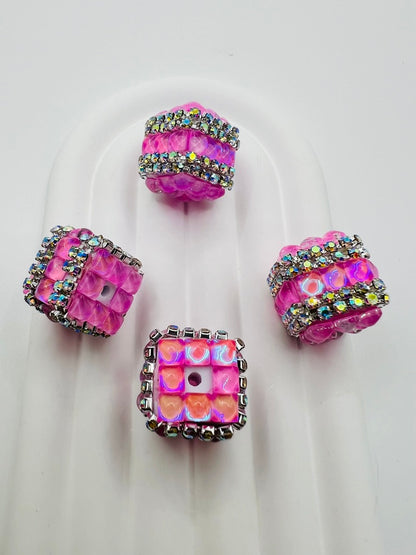 Cube Fancy Beads with Chrome Color Square Glass and Chain Rhinestones - Choose Color