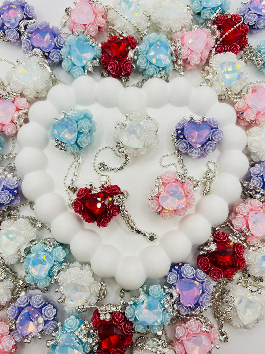 Fancy Clay Base Bead with Big Heart Rhinestone, Rose Flower, Metal Crown and Metal Dangle