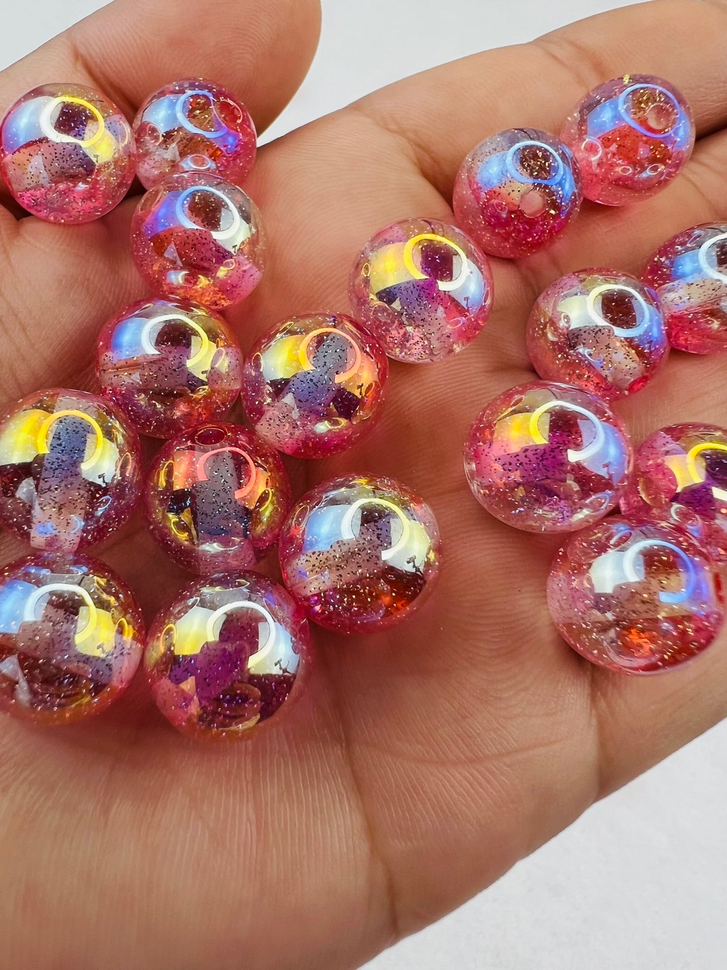 Transparent Pink Ombre Glittered Round Beads -12mm
