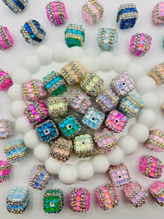 Cube Fancy Beads with Chrome Color Square Glass and Chain Rhinestones - Choose Color