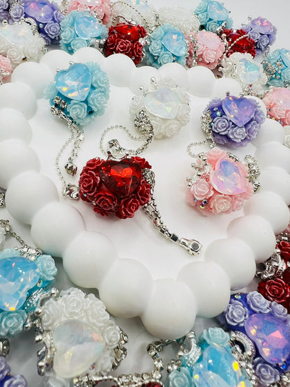 Fancy Clay Base Bead with Big Heart Rhinestone, Rose Flower, Metal Crown and Metal Dangle