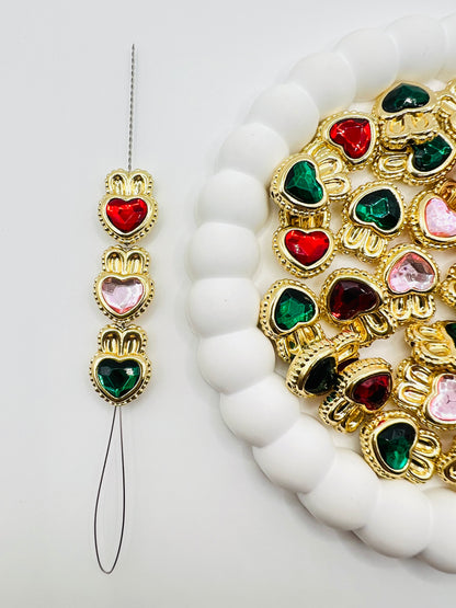 Heart Shape with Bunny Ears Shiny Gold Metal  Bead with Rhinestone