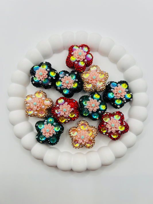 Flower Shape Clay Beads with Cat eye Gem and Rhinestones