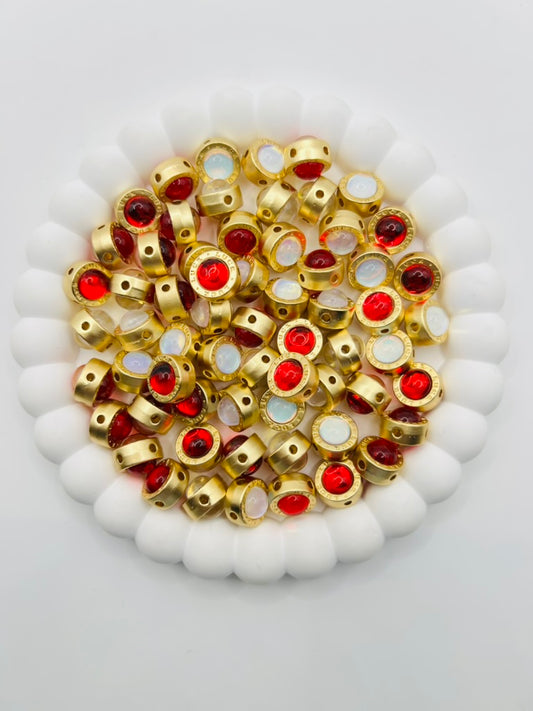 Matte Gold Round 4 Hole Metal Bead with Cat Eye Effect Stone
