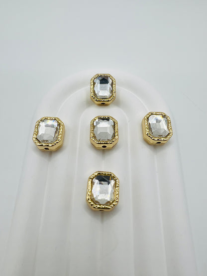 Octagon Shape Shiny Gold Metal  Bead with Rhinestone