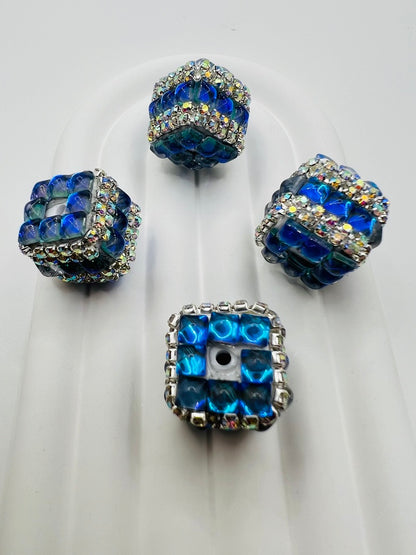 Cube Fancy Beads with Chrome Color Square Glass and Chain Rhinestones - Choose Color