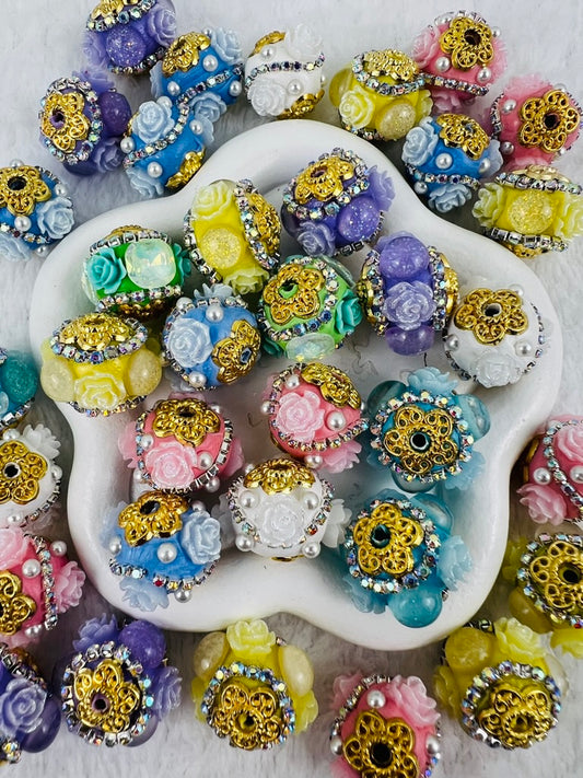 Fancy Beads Round shape with Flowers and Gold Hardware -16mm