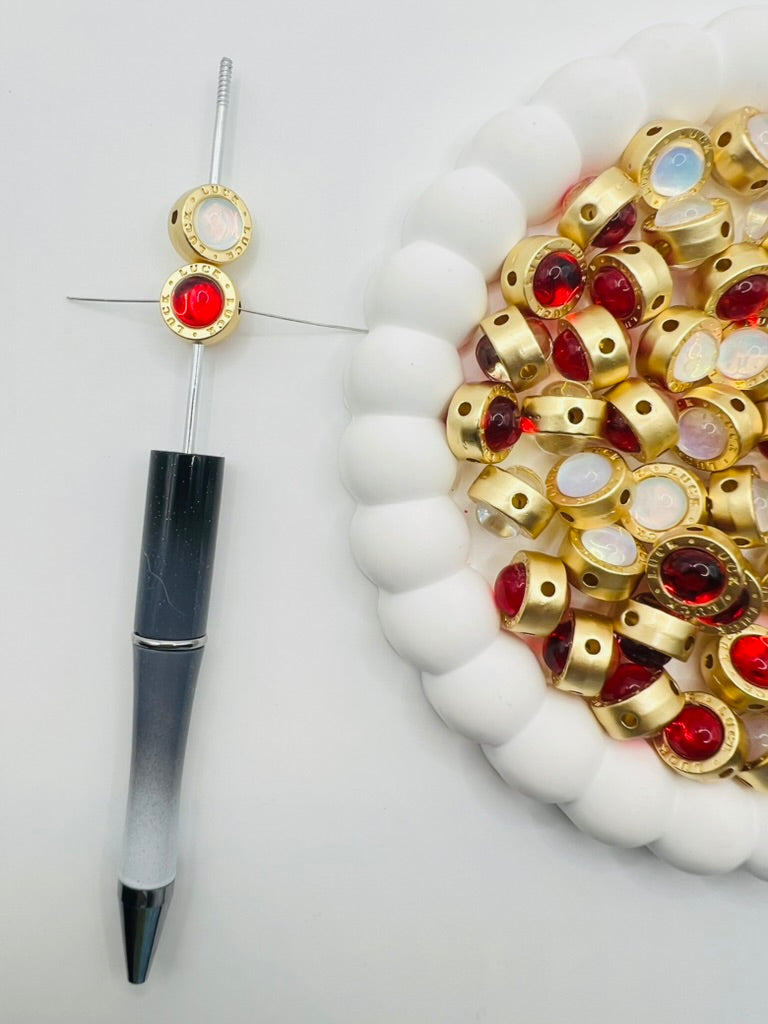 Matte Gold Round 4 Hole Metal Bead with Cat Eye Effect Stone
