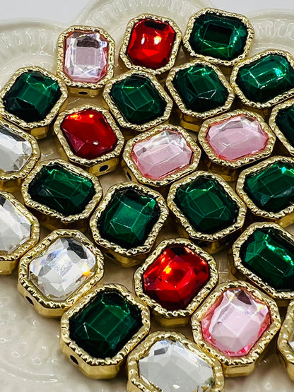 Octagon Shape Shiny Gold Metal  Bead with Rhinestone