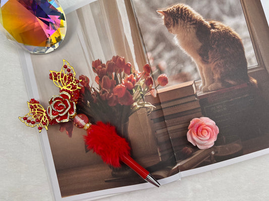 SSS Red and Gold Rose with Wings on Fluffy Beaded Pen