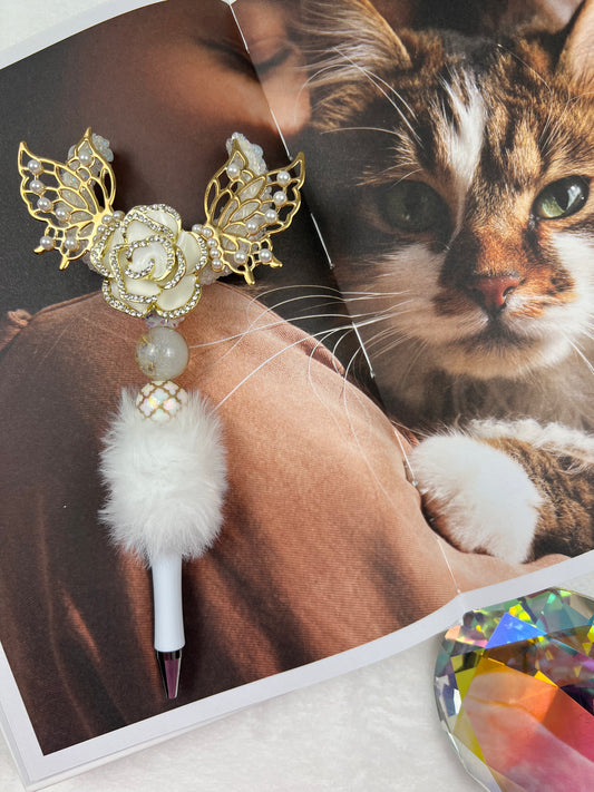 SSS White and Gold Rose with Wings on Fluffy Beaded Pen