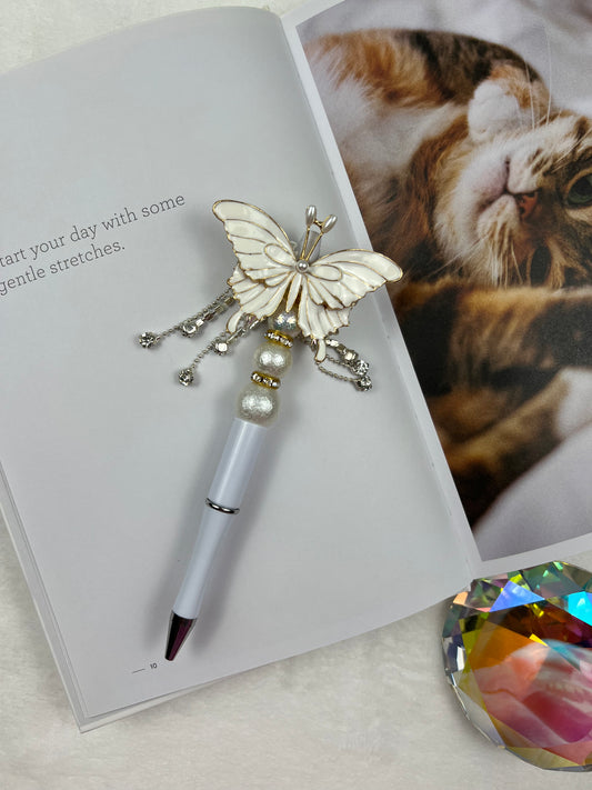 SS White Butterfly with Dangle and Pearls Beaded Pen