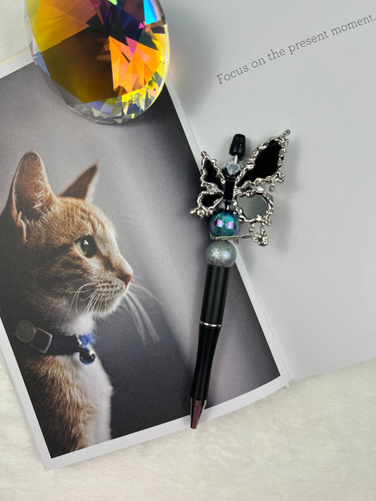 SS Black and Silver Butterfly with Dangle Beaded Pen