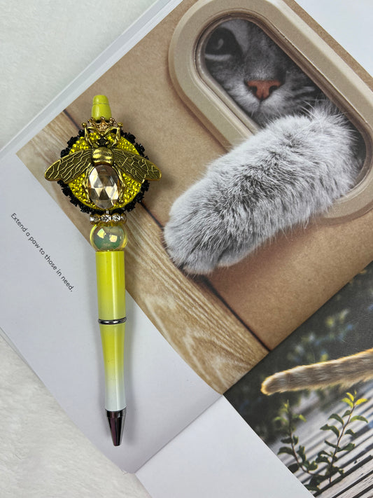 SS Gold Beetle with Black Roses and Yellow Heart Beaded Pen