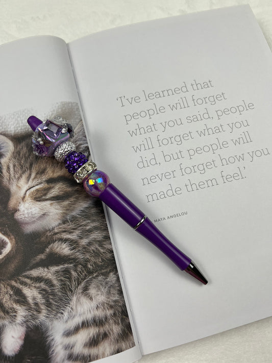 S Violet and Silver Flower butterfly and Gems Beaded Pen